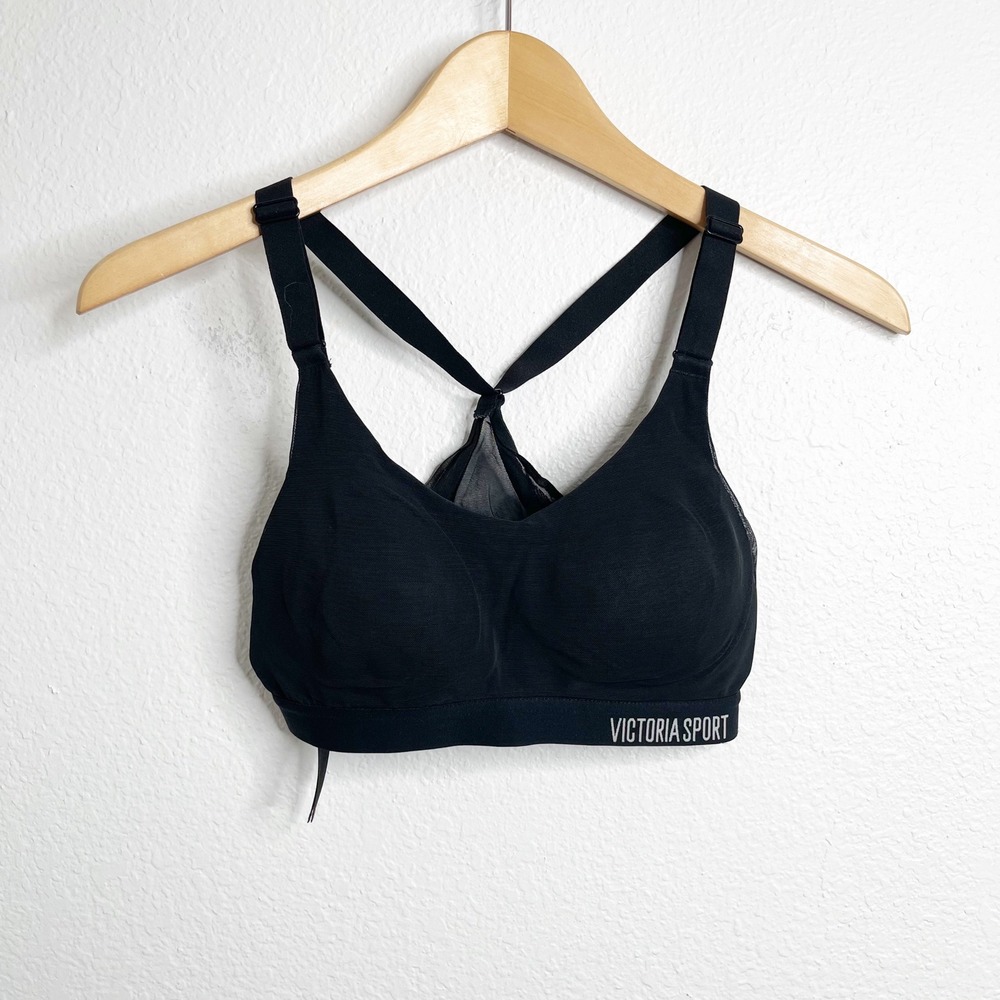 Victoria Sport Lightweight Sports Bra Black Mesh Racerback 32B Adjustable Straps
